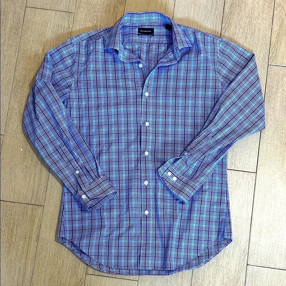 Men's Esquire No Iron Blue Purple Plaid Casual Long Sleeve Button Down Shirt
